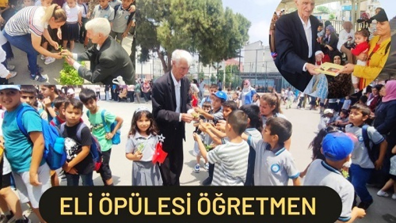 Emekli Öğretmen Bayram Uğur öğrencilere fide ve kitap armağan etti