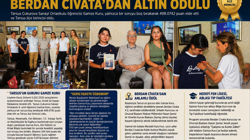 LGS Şampiyonu Gamze Kuru'ya Berdan Civata'dan Anlamlı Ödül